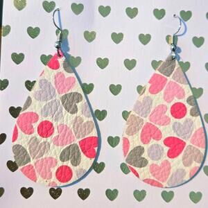 Pink Heart Leather Teardrop 2.5" Drop Dangle Hook Earrings